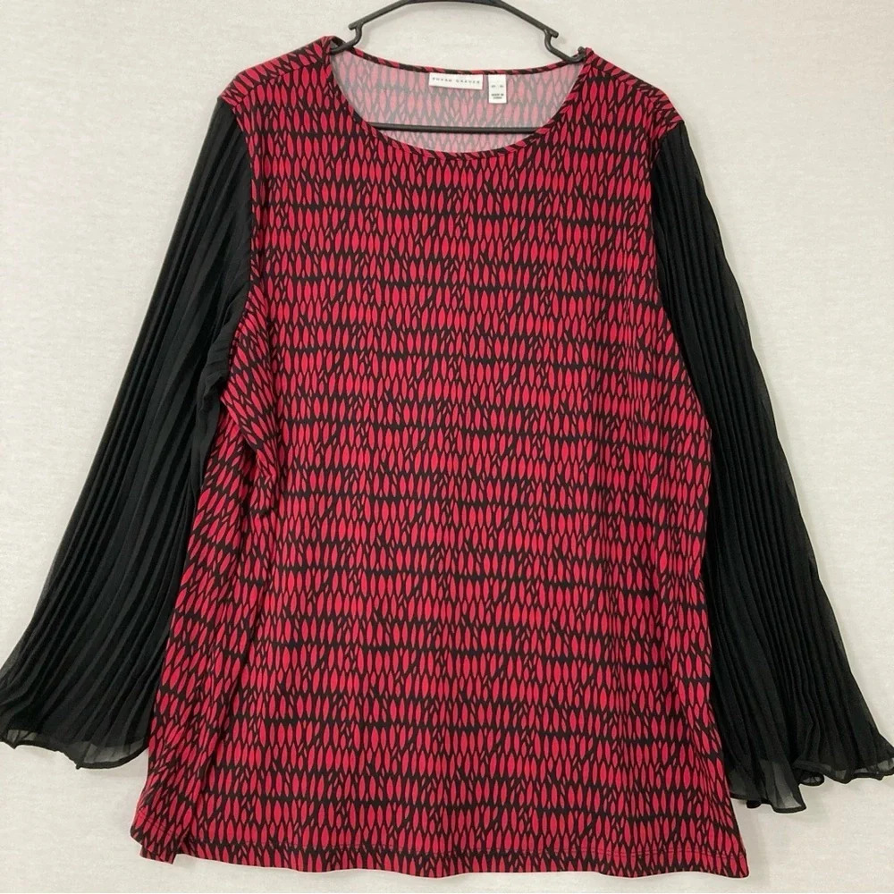 Susan Graver Black Red Stretch Pleated Shear Sleeve Pullover Top XL